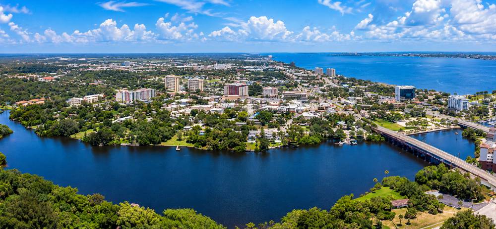 Aerial view of Melbourne, Florida, with the river, downtown and Indian River Lagoon