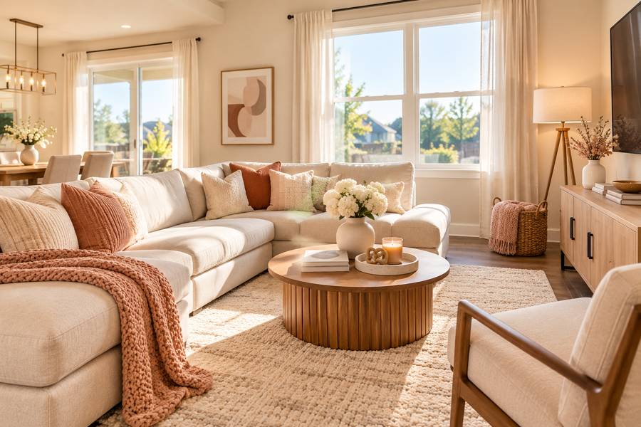 Sunlit living room with a cream sectional and warm accent pillows