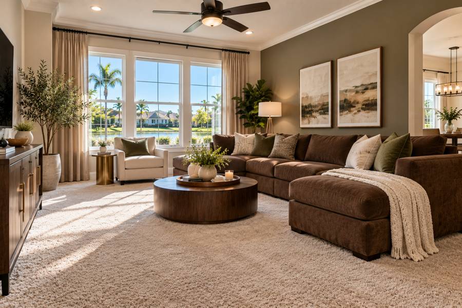 Living room with a plush cream carpet, brown sectional and lake-view windows