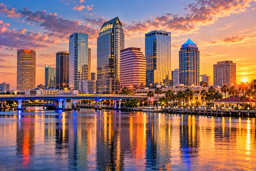 Tampa skyline reflected in the water at sunset