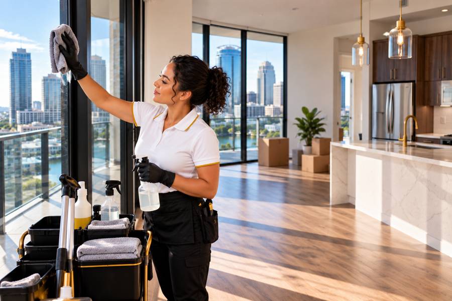 Cleaning professional wiping a window in an apartment with moving boxes