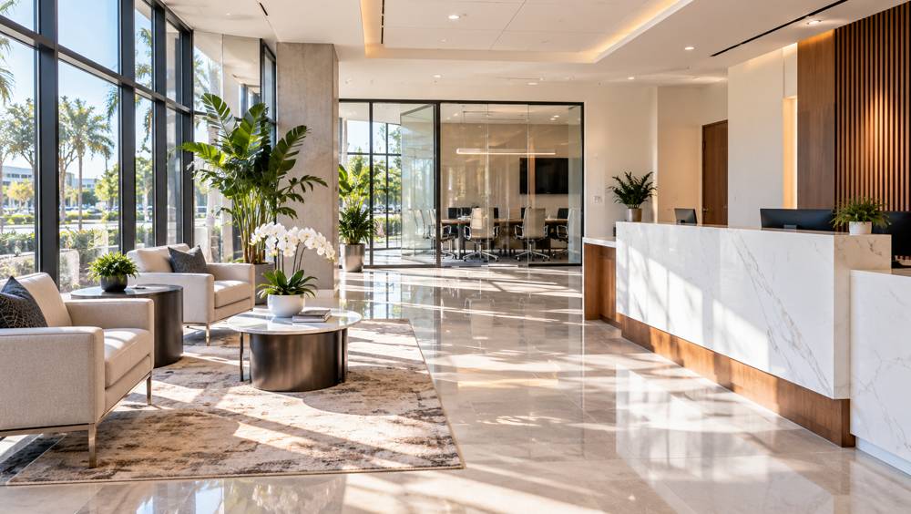 Bright office lobby with a reception desk and seating area