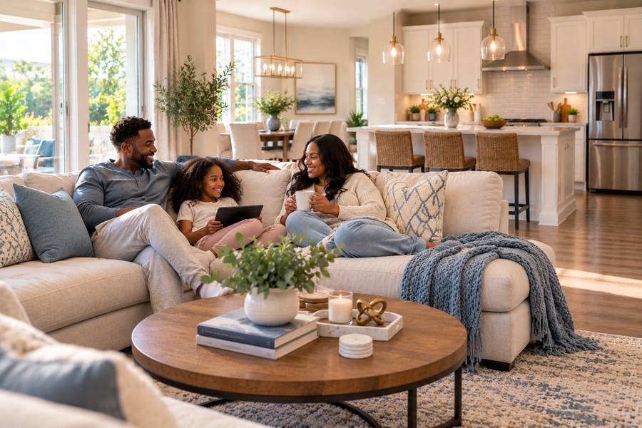 Family relaxing together on a sofa in an open-plan living room