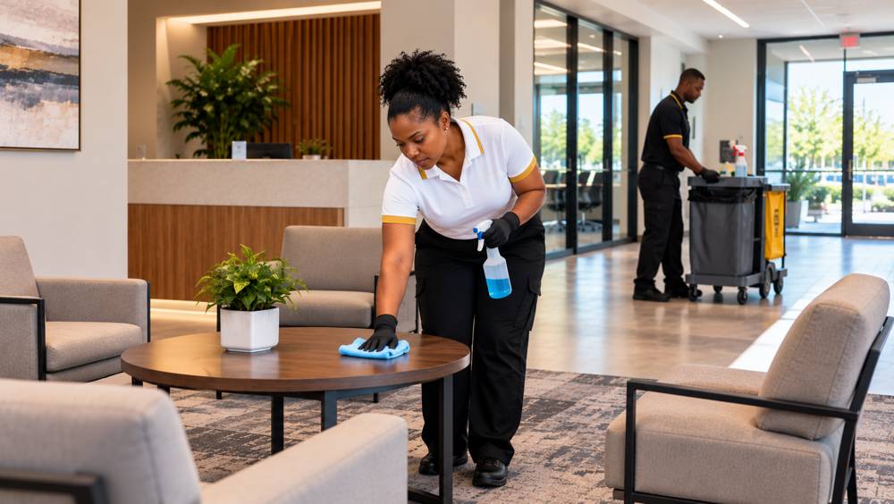 Cleaning professional wiping a lounge table in a commercial lobby while a colleague works with a cleaning cart