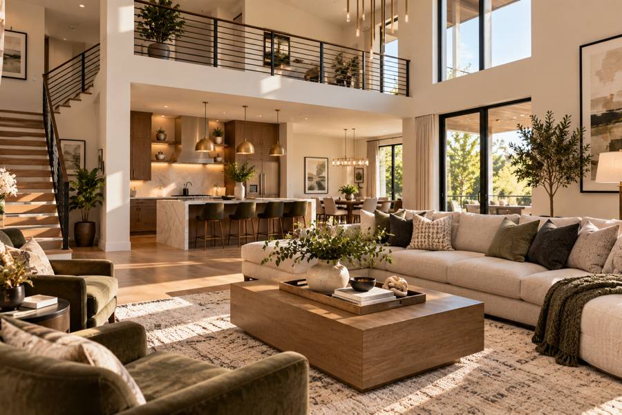 Sunlit open-plan living room with a cream sofa and kitchen beyond