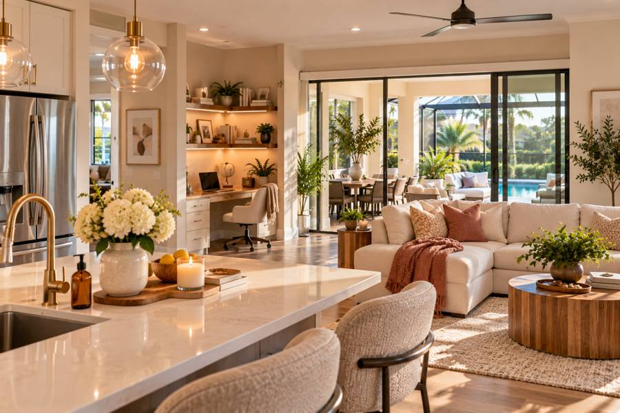 Open kitchen and living space in warm evening light