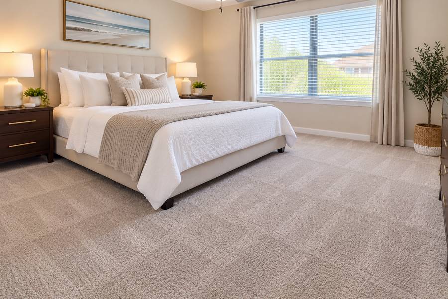 Tidy bedroom with a made bed and clean carpet beside a sunny window