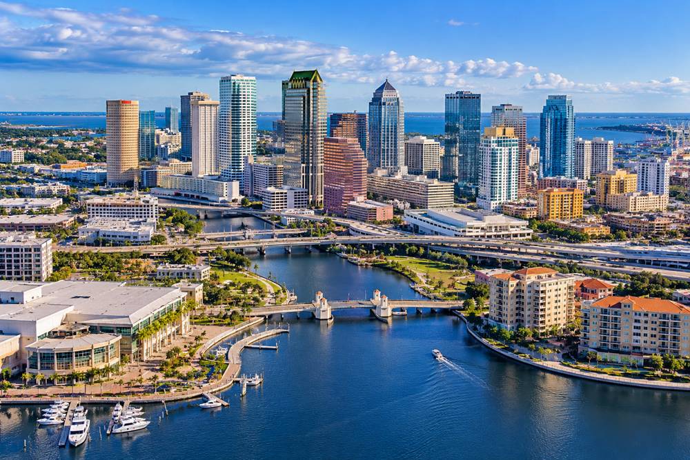 Aerial view of downtown Tampa, the Hillsborough River and the bay