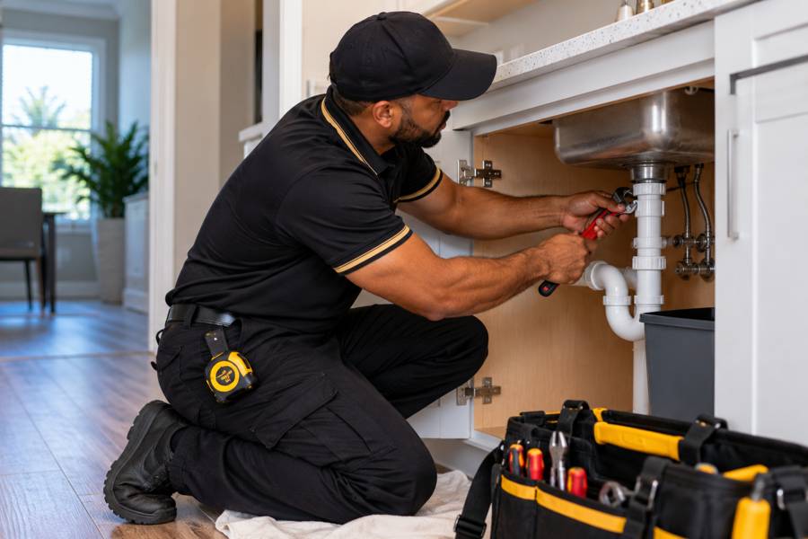 Maintenance professional in a black polo repairing sink pipes under a kitchen sink with a tool bag nearby