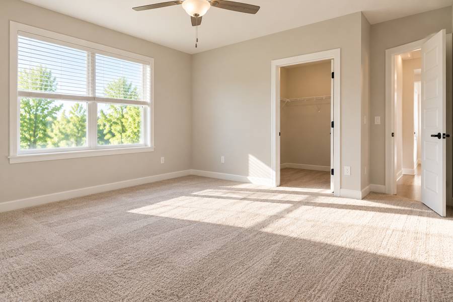 Empty carpeted bedroom with a window and walk-in closet