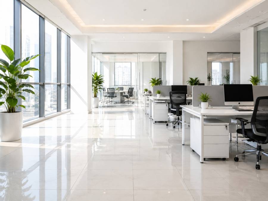 Bright, modern open-plan office with white desks and large windows