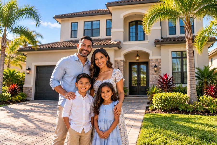 Family of four smiling in front of their Florida home