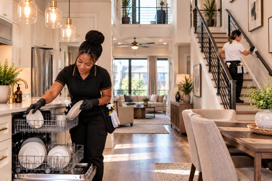 Cleaning professionals loading a dishwasher and wiping a stair railing