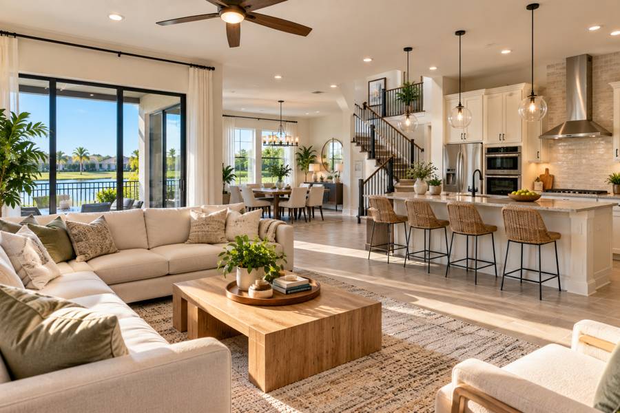 Bright open-plan family living room and kitchen with a lake view