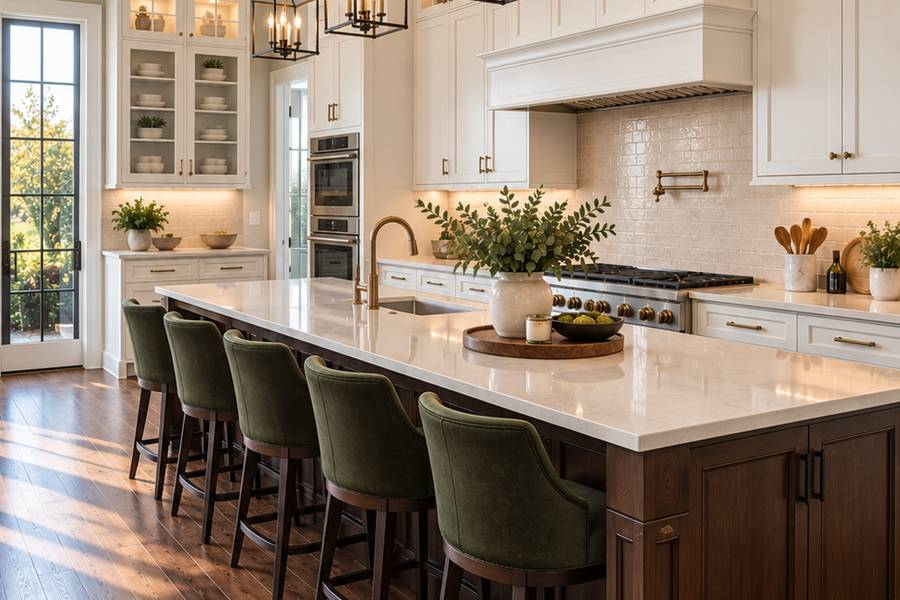 Bright kitchen with a marble island, green bar stools and brass fixtures