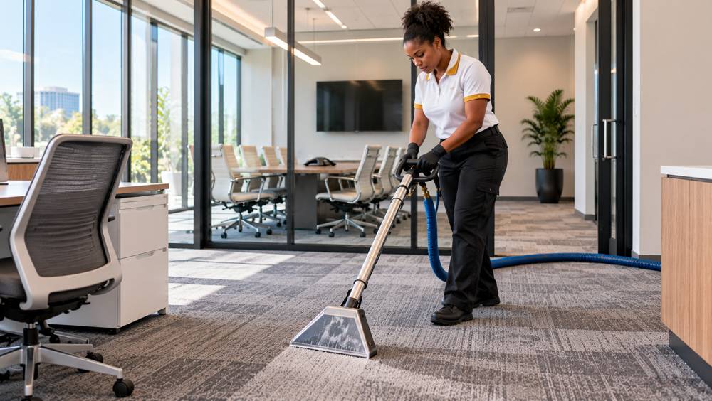 Cleaning professional cleaning the carpet in a bright office with a conference room behind