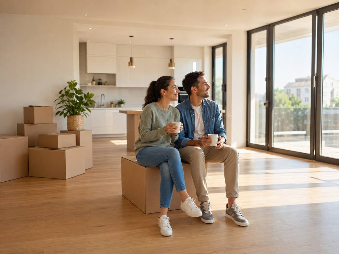 A couple sitting on a moving box with coffee in a bright, empty living room