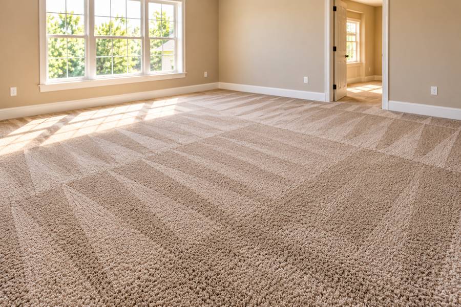 Empty carpeted room with large windows and clean vacuum lines