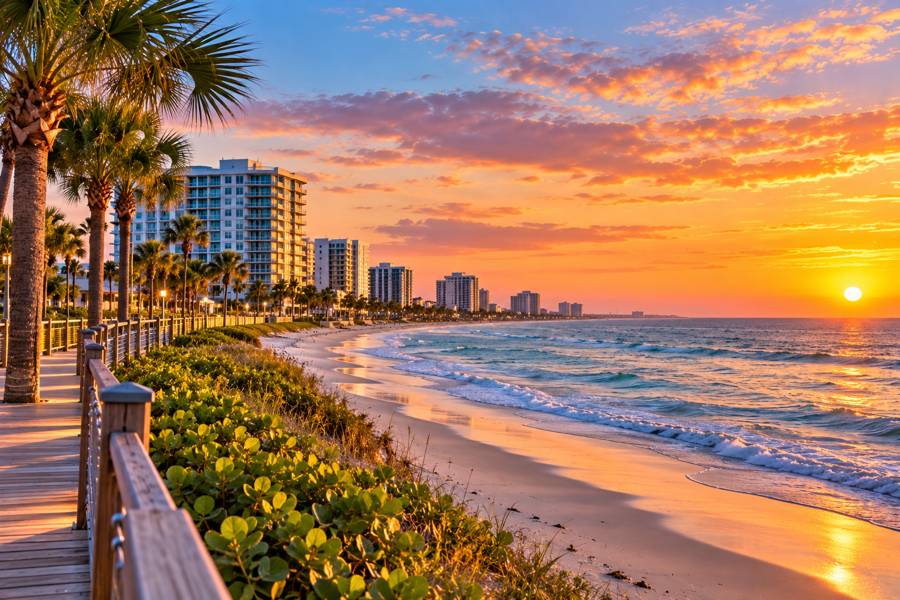 Sunset over the beach and boardwalk in Melbourne, Florida