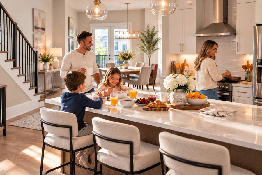 Family eating breakfast at a bright kitchen island