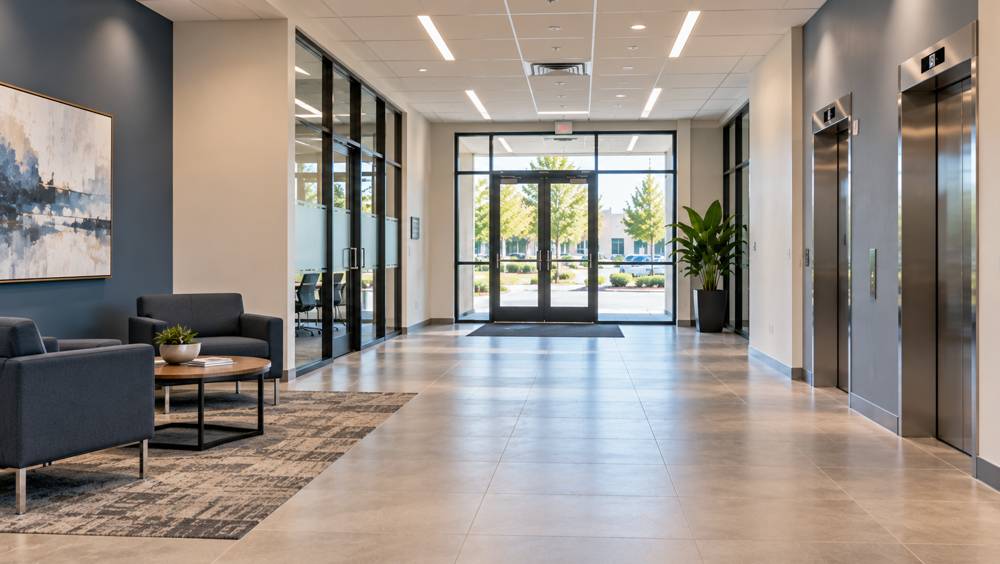 Bright commercial building corridor with seating area, glass doors and elevators