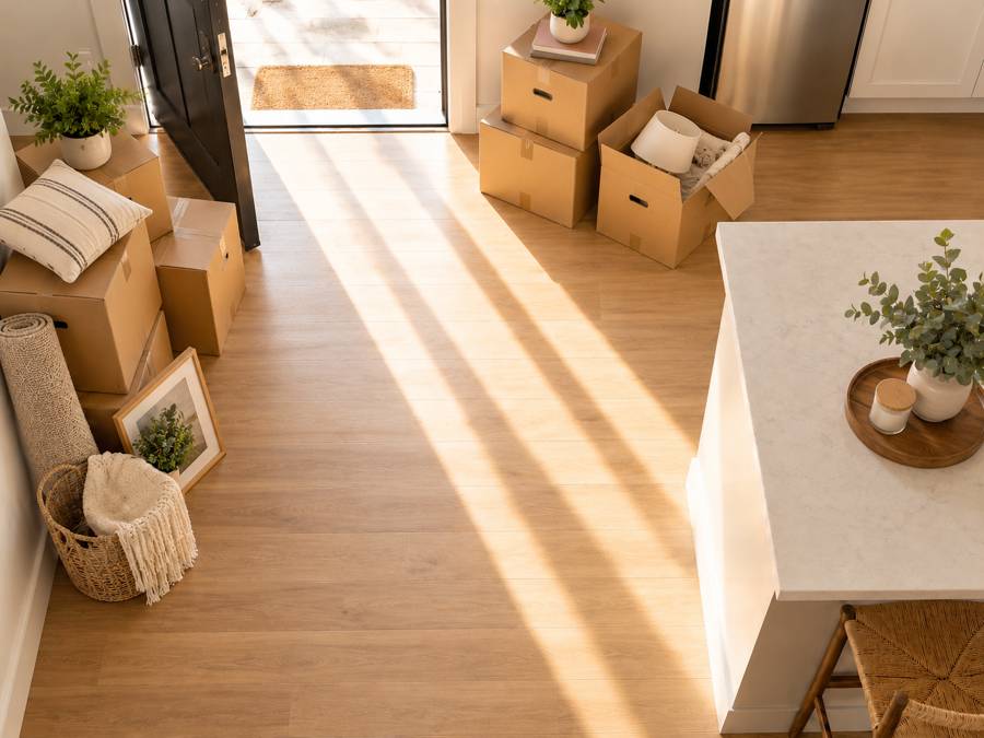 Moving boxes stacked inside the front door of a bright home