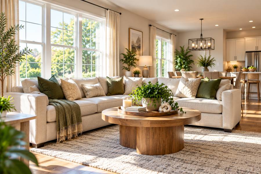 Bright living room with a cream sectional, wood coffee table and sunlight through large windows