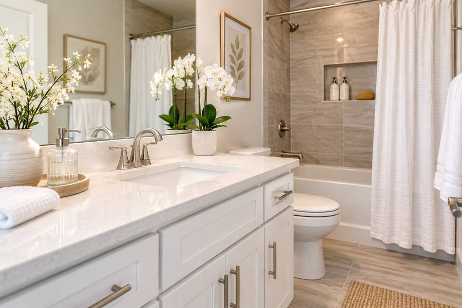 Clean bathroom with a white vanity, orchids and a tiled tub surround