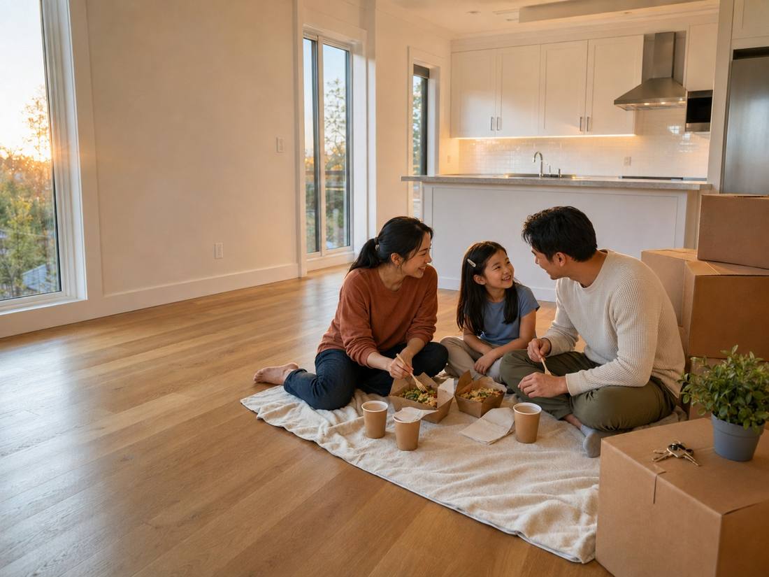 A family sharing a meal on the floor of a new, empty home beside moving boxes