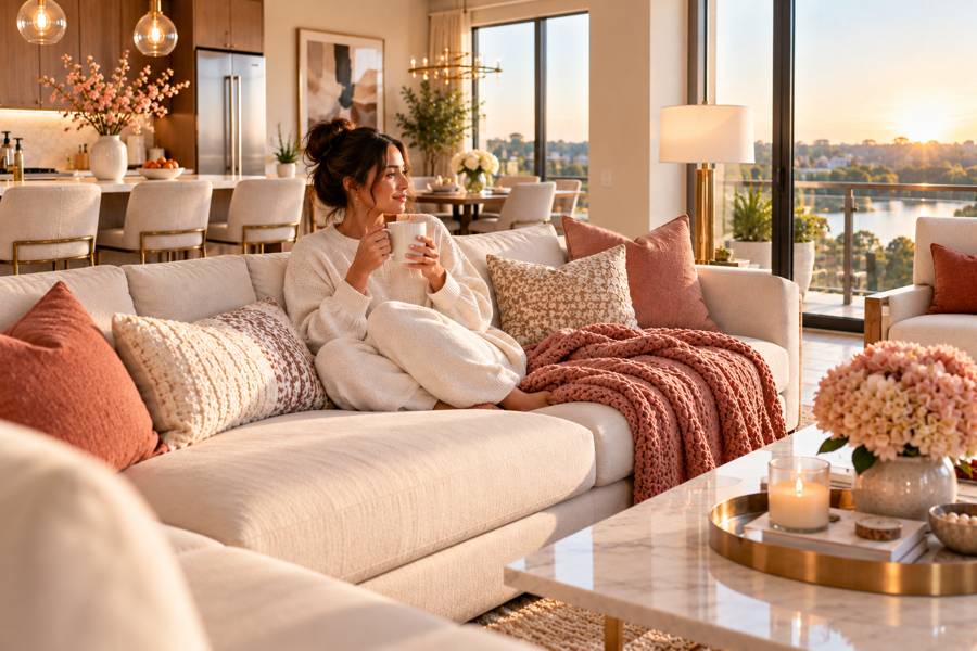 Woman relaxing on a sofa with a mug in a bright, tidy home