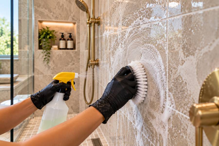 Gloved hands spraying and scrubbing shower tile