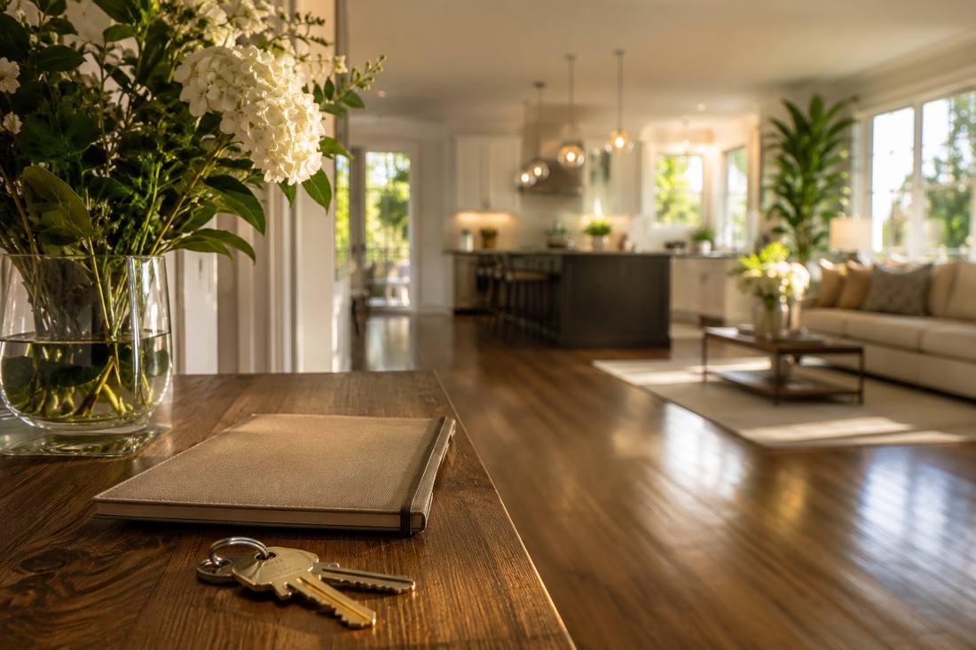Keys and a notebook on a wooden counter in a bright, finished home