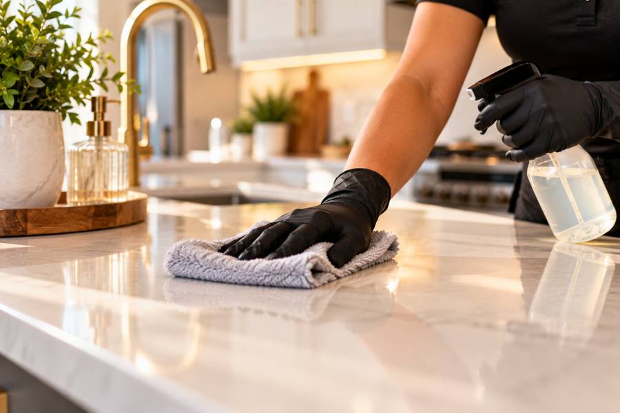 Gloved hand wiping a marble kitchen countertop with a microfiber cloth