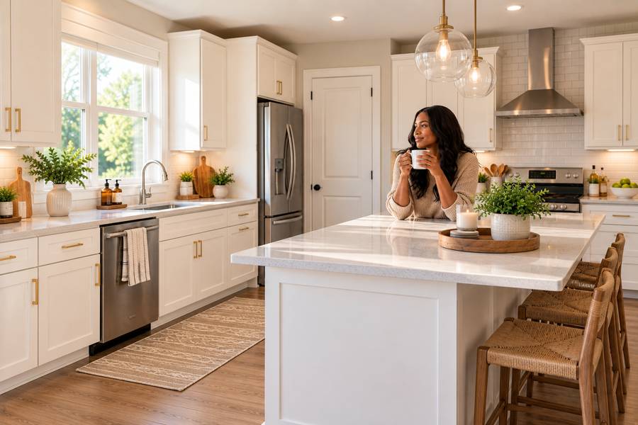Woman enjoying coffee at the island of a bright white kitchen