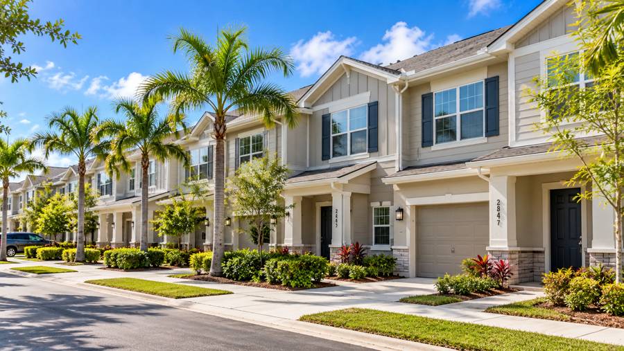 Row of Florida-style rental townhomes with palm trees and landscaped front yards