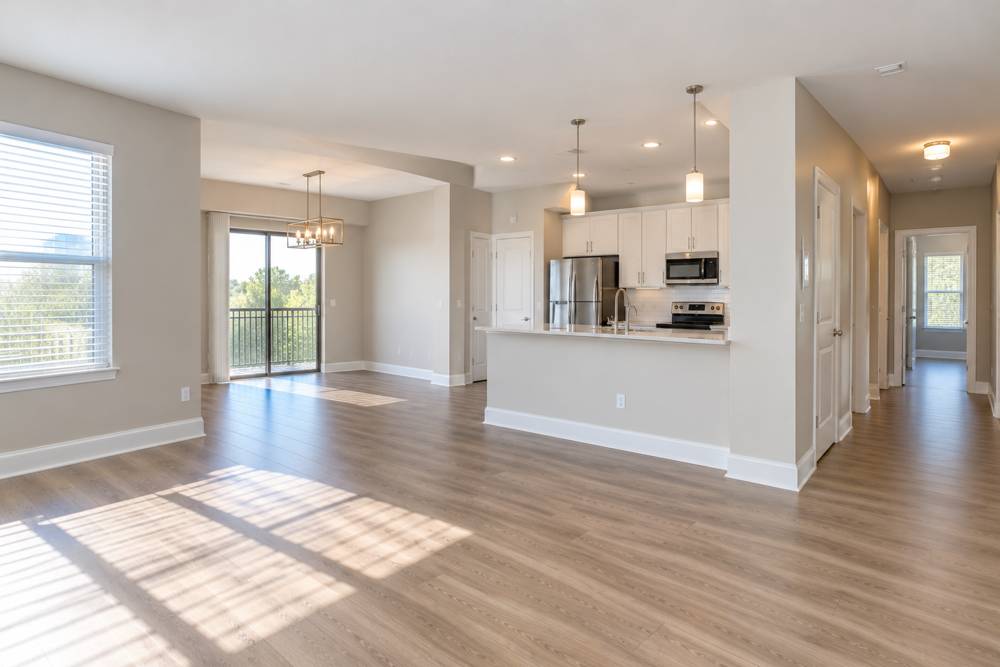 Bright empty rental apartment with clean wood floors, an open kitchen and sunlit windows