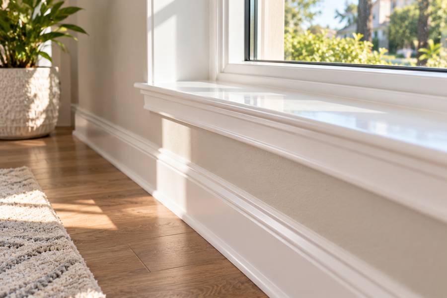 Close-up of a clean white baseboard and window sill in sunlight