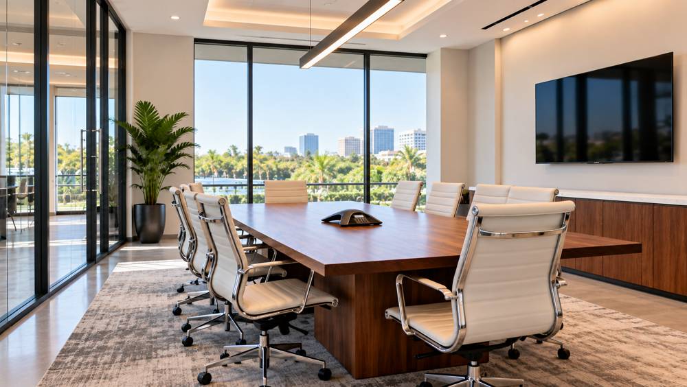 Modern conference room with a wood table, white chairs and a wall-mounted screen