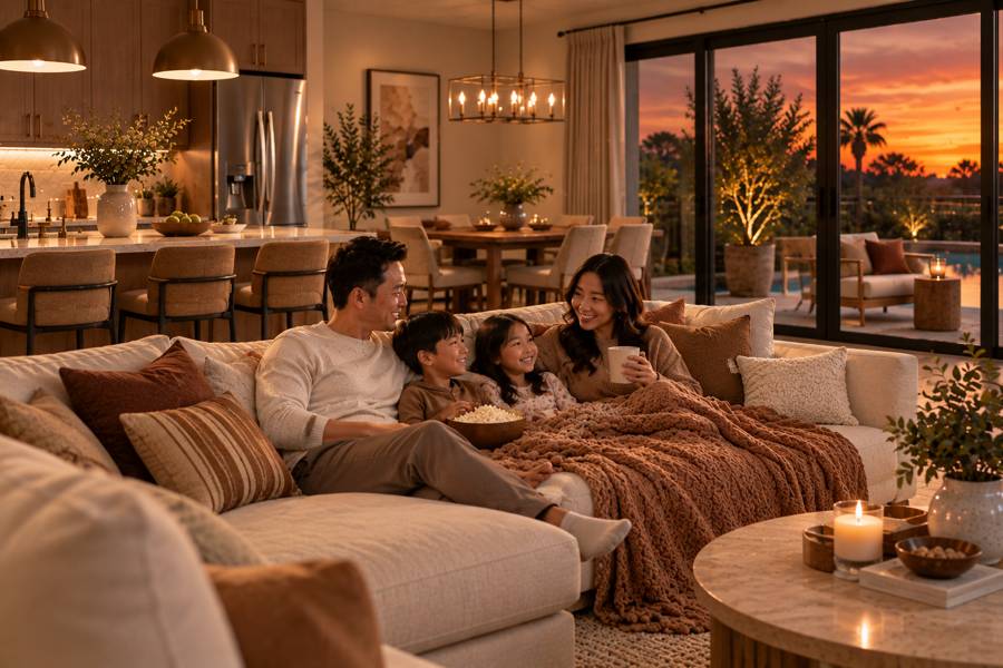 Family sitting together on a sofa at sunset in a tidy home