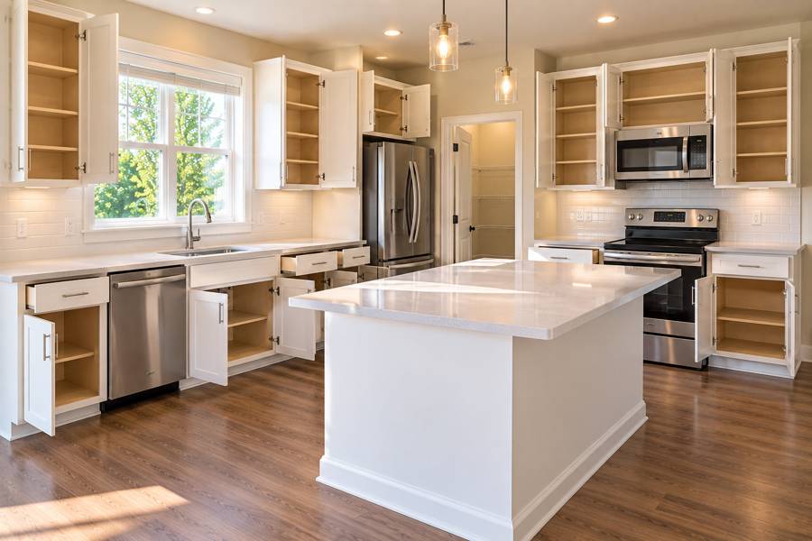 Clean empty kitchen with cabinet doors open and a marble island