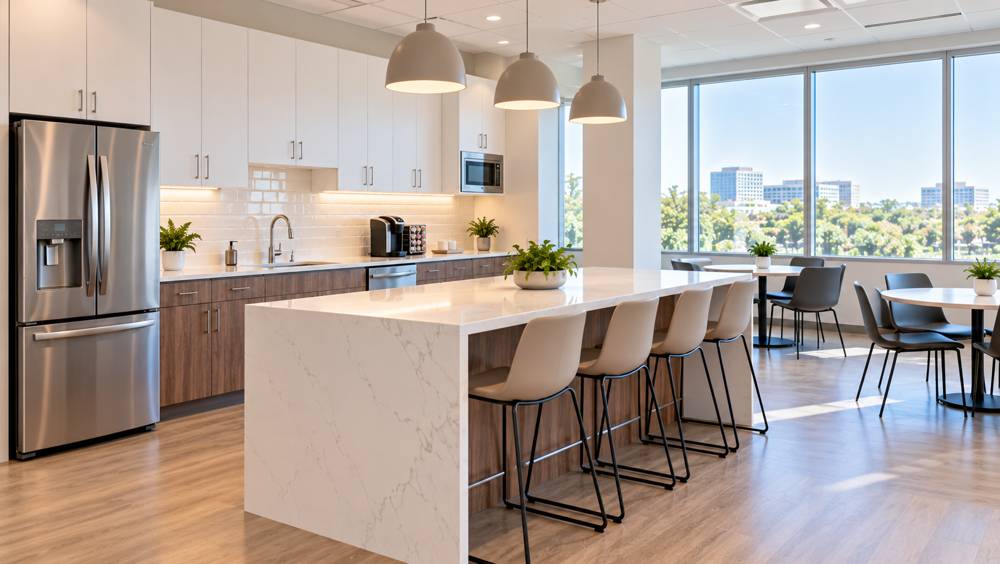 Bright office breakroom with a marble island, counter stools and window seating